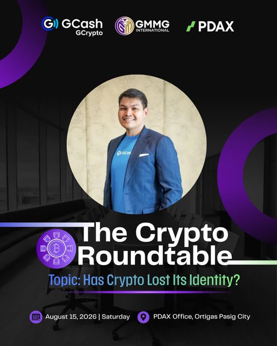 A promotional poster for 'The Crypto Roundtable' featuring logos for GCash GCrypto, GMMG International, and PDAX, with a man in a blue blazer and the topic 'Has Crypto Lost Its Identity?' scheduled for August 15, 2026 at the PDAX Office, Ortigas Pasig City.