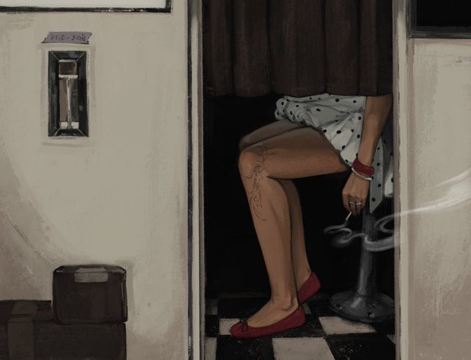 An illustrated scene shows a woman in a polka-dot dress sitting in a small bathroom stall, holding a lit cigarette with smoke curling through the open door.