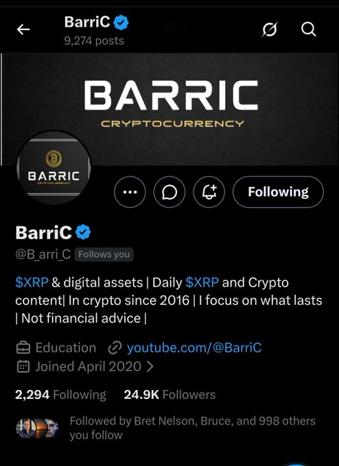 A screenshot of the verified X (Twitter) profile for **BarriC** (@B_arri_C), an XRP and digital assets account with 24.9K followers and 9,274 posts, identified in the caption as a longtime XRP community member.