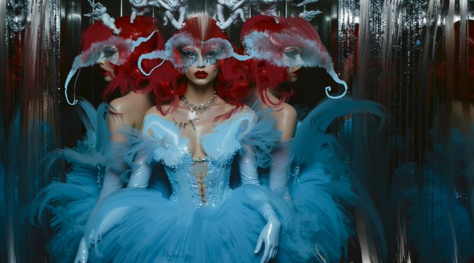 A mirrored, surreal portrait of a woman with vibrant red hair and an elaborate light blue tulle dress, set against a dark, reflective background.