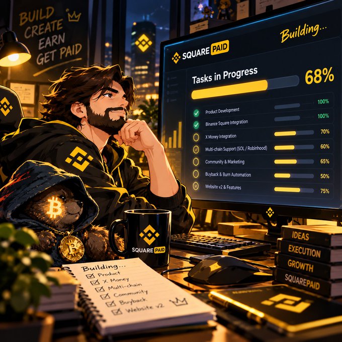 A digital illustration of a bearded man and a bear wearing a Bitcoin medallion at a desk with a monitor showing a 'SQUARE PAID' project tracker at 68%, alongside a notepad titled 'Building...' with a checklist.
