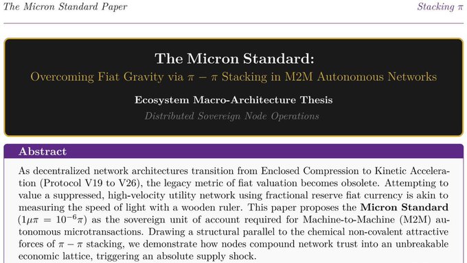 The image shows the header of a paper titled "The Micron Standard: Overcoming Fiat Gravity via π – π Stacking in M2M Autonomous Networks," with an abstract discussing how a proposed "Micron Standard" (1μ = 10⁻⁶π) could serve as a stable unit of account for Machine-to-Machine autonomous microtransactions, drawing a parallel to π–π stacking forces in chemistry. The post highlights the challenge of fluctuating prices in fiat rails undermining machine-to-machine economies, arguing that without a stable, non-fiat value reference like the proposed π-denominated Micron, high-traffic apps driving up compute costs would make reliable machine transactions impossible—directly aligning with the paper's thesis of using π-stacking trust as a stable economic lattice.