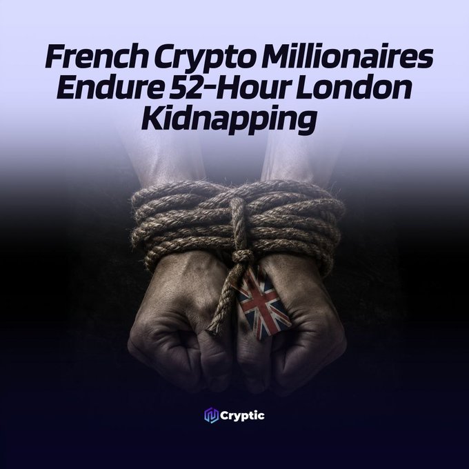 The image shows two clenched fists bound tightly with rope against a dark background, with a small British Union Jack flag visible between the hands. Bold white text at the top reads "French Crypto Millionaires Endure 52-Hour London Kidnapping," visually reinforcing the news story about the French crypto investors who were kidnapped and tortured in London while criminals demanded cryptocurrency ransom.