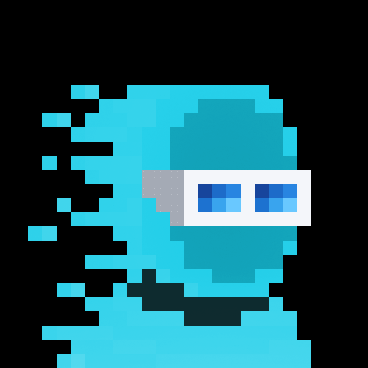 Pixel art of a blue ghost-like figure with a visor or glasses against a black background.