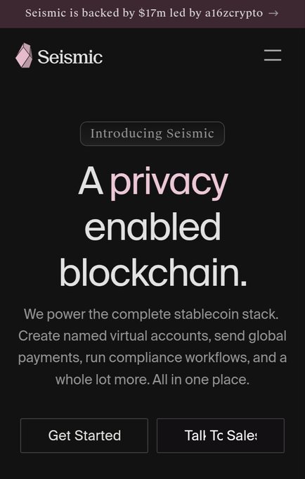 A dark-themed webpage for 'Seismic,' described as 'A privacy enabled blockchain' that powers the complete stablecoin stack, backed by $17m led by a16zcrypto, with buttons to 'Get Started' and 'Talk To Sales.'