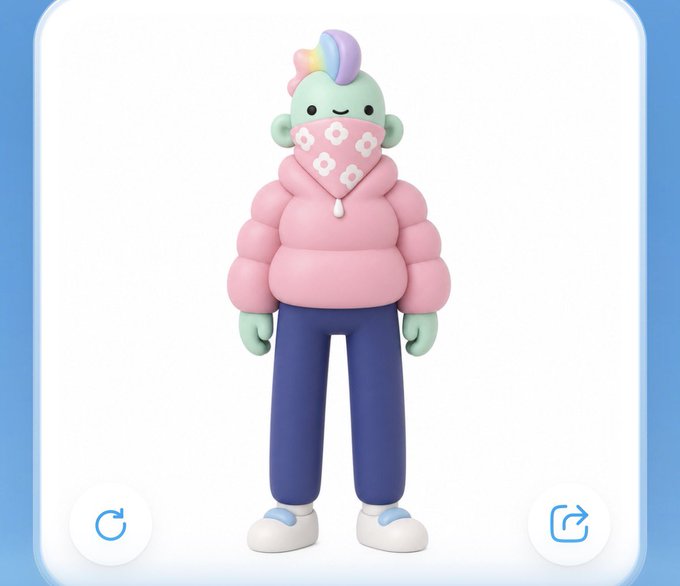 A 3D character design of a green-skinned figure wearing a pink puffer jacket, a floral bandana mask, and dark pants, standing in a character customization interface.