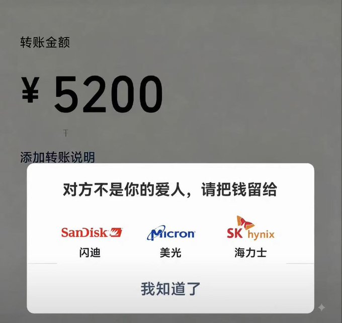 A Chinese mobile payment transfer screen showing ¥5200, with a humorous popup warning that the recipient is not a lover and suggesting the user save money for SanDisk (闪迪), Micron (美光), and SK Hynix (海力士) instead.