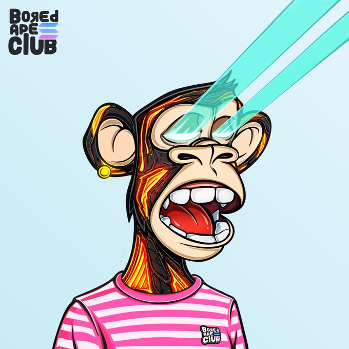 A digital illustration by Bored Ape Club of a cartoon monkey with laser beam eyes, wearing a pink and white striped shirt.