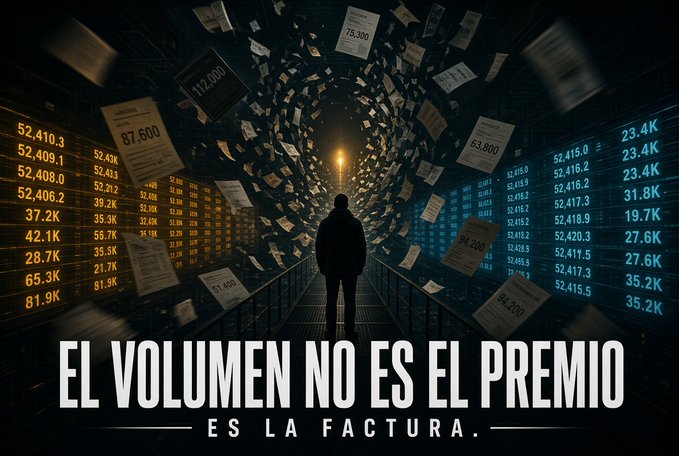 A silhouetted figure stands on a walkway inside a swirling tunnel of floating papers and glowing blue stock market data, with text reading 'EL VOLUMEN NO ES EL PREMIO ES LA FACTURA.'
