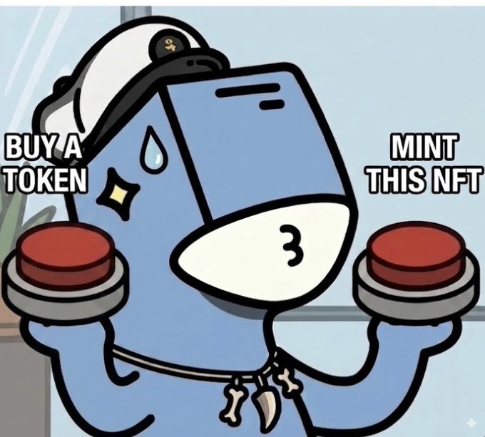 A cartoon character wearing a captain's hat nervously holds two red buttons labeled "BUY A TOKEN" and "MINT THIS NFT," illustrating the difficult choice between two crypto actions. The "MINT THIS NFT" option on the right aligns with the post's advice to prioritize minting the token for leaderboard gains.