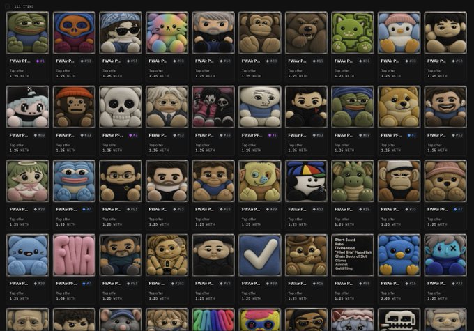 A grid marketplace showing various NFT-style avatar collectibles labeled 'FWAB P...' with prices in ETH and item numbers 111 ITEMS.