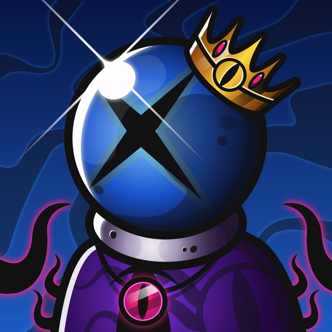 A regal, dark blue spherical character with an X-shaped eye and a glowing lens flare wears a golden crown with pink gems, dressed in a purple robe adorned with a large pink eye pendant and a metal collar against a swirling dark background. The sinister, royal "king" figure serves as an imposing send-off to bid goodnight, fitting the bold "Goodnight mfers" farewell.