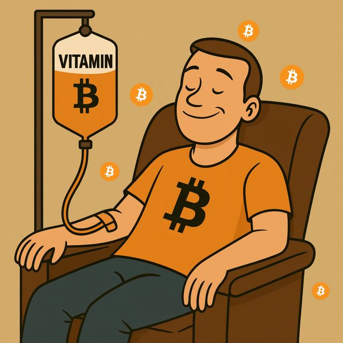 The image features a man sitting comfortably in a chair while drinking from an orange IV bag, with Bitcoins floating around him. The accompanying text explains that if you own just 0.28 Bitcoin, you're already in the global 1%. This implies that even though most people have no knowledge of Bitcoin ownership or involvement, there are those who possess at least 1 Bitcoin, making them a small but not insignificantly significant part of the world's cryptocurrency owners.
