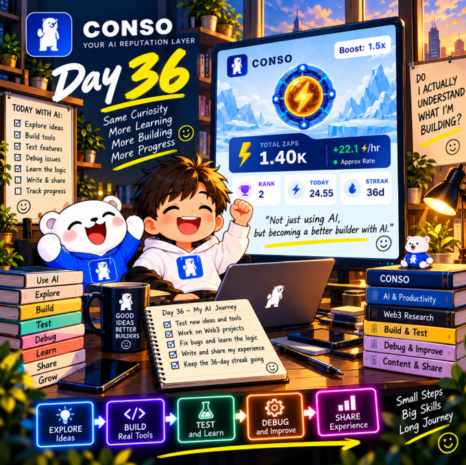 A colorful promotional graphic for 'CONSO - Your AI Reputation Layer' celebrating 'Day 36', featuring a cartoon character at a desk with productivity statistics and the quote 'Not just using AI, but becoming a better builder with AI.'