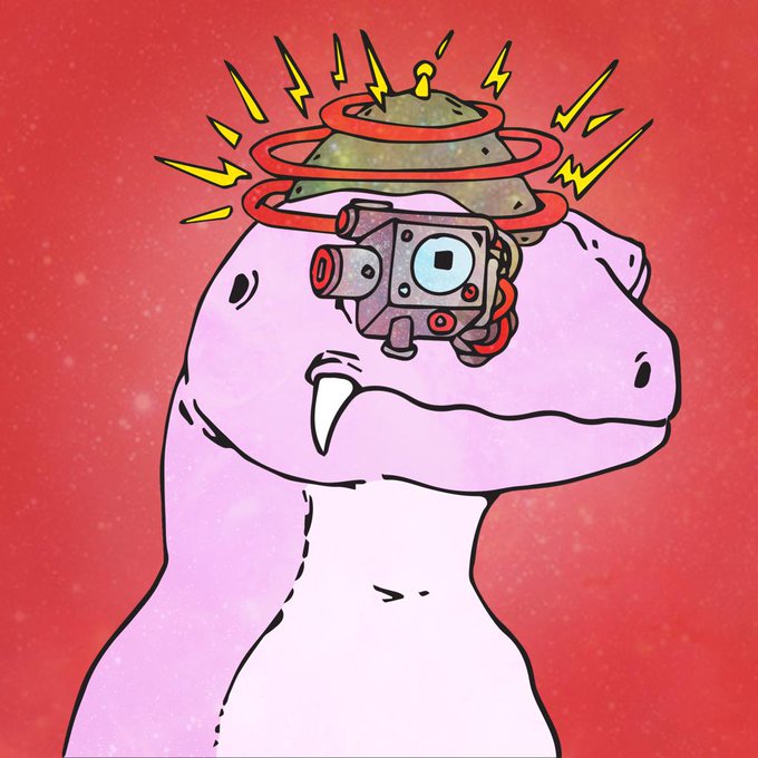 A cartoon illustration of a pink dinosaur wearing a metal helmet with a mechanical device on its head, surrounded by yellow lightning bolts against a red background.
