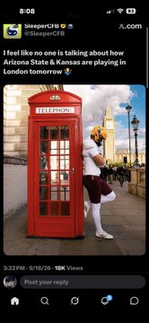 A screenshot of a tweet from @SleeperCircFB reading "I feel like no one is talking about how Aston Statt's 82 Yomas are playing in London tomorrow 😭," featuring a person leaning against a classic red British telephone booth with Big Ben visible in the background, timestamped 3:32 PM, 5/16/24 with 18K views.