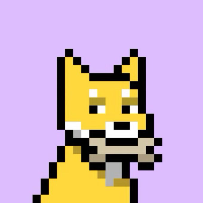 A pixel art illustration of a yellow cat/fox character with a white muzzle on a lavender/purple background, styled like an NFT or crypto profile picture (PFP).