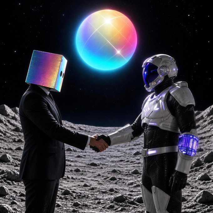 Two figures—one with an iridescent holographic cube head in a black suit and the other in a futuristic silver and black astronaut suit—shake hands on a rocky lunar surface beneath a glowing multicolored sphere against a starry sky, symbolizing the partnership and colorful transformation referenced in the post congratulating @world_xyz on their launch.