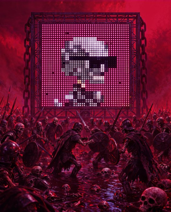 A dark, stylized digital artwork showing skeleton warriors in battle below a large LED screen displaying a pixelated face, all bathed in deep red tones.
