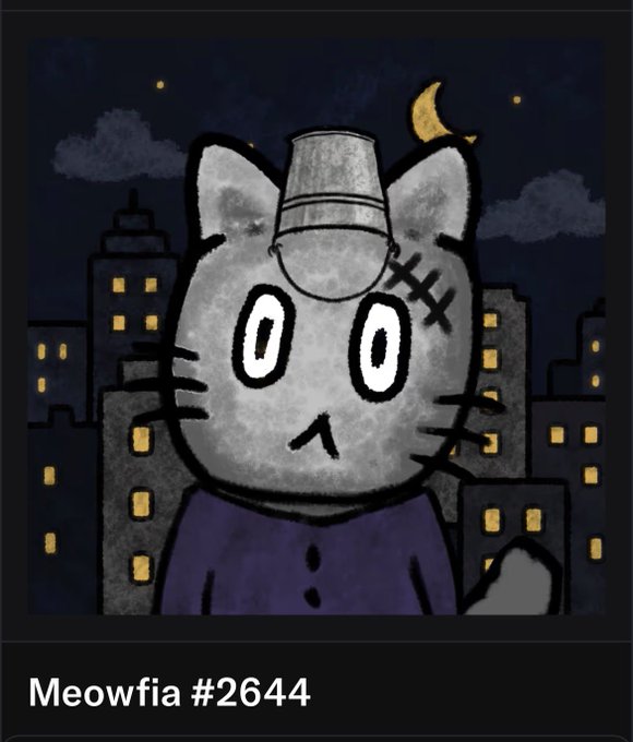 A cartoon illustration of a gray cat wearing a small hat, with a stitched scar and large wide eyes, set against a night cityscape backdrop, labeled 'Meowfia #2644' at the bottom.