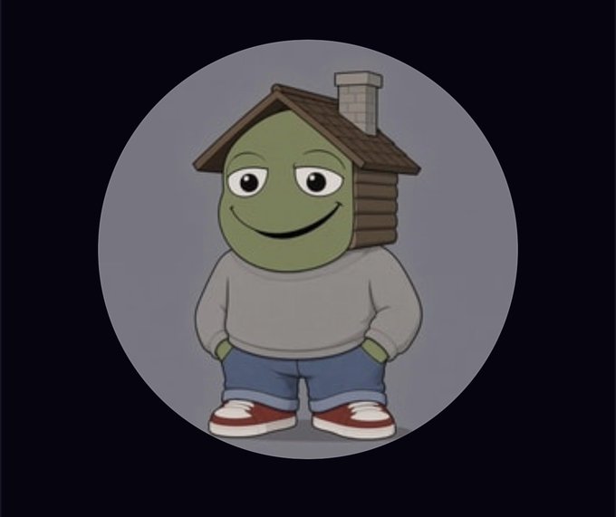 A cartoon character with a round green face that has a house-shaped top featuring a chimney, wearing a grey sweatshirt, blue shorts, and red and white sneakers, set against a grey circular background.
