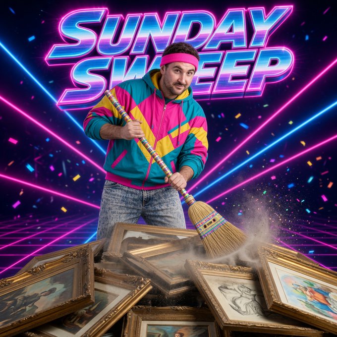 A promotional poster titled 'SUNDAY SWEEP' features a man in a colorful 80s-style jacket and pink headband sweeping away a pile of ornate picture frames with a broom against a neon retro background.