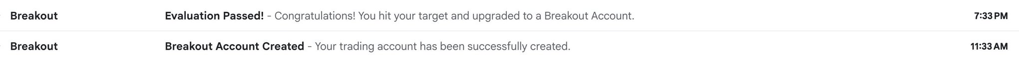 A notification panel shows two messages from "Breakout" confirming account milestones: "Breakout Account Created - Your trading account has been successfully created" at 11:33 AM, followed by "Evaluation Passed! - Congratulations! You hit your target and upgraded to a Breakout Account" at 7:33 PM, illustrating the 8-hour timeframe mentioned in the post about funding a $200k trading account with trades on $ETH and $NQ.