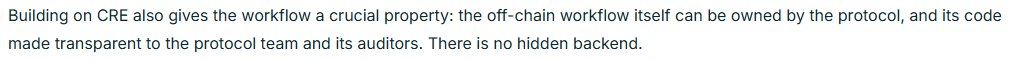 A text excerpt discussing Chainlink Runtime Environment (CRE), explaining that building on CRE allows off-chain workflows to be owned by the protocol with transparent code and no hidden backend.