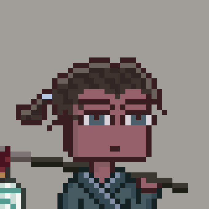 A pixel art style illustration of a character with brown skin, dark hair, holding what appears to be a weapon, against a gray background.