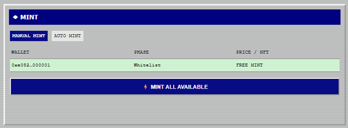 A minting interface screenshot showing 'MINT' and 'AUTO MINT' tabs, with a wallet address '0xe052_000001', phase 'Whitelist', and 'FREE MINT' pricing, plus a 'MINT ALL AVAILABLE' button.