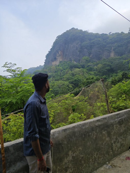 The image features a man standing near a stone wall with trees behind him. The man appears to be looking at something off-camera or towards an object that is not visible in the frame. There are no texts present, so we can only see what's directly in front of the man and his surroundings.
