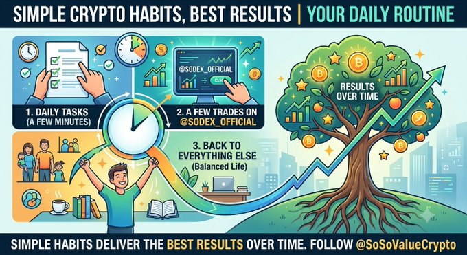 An infographic titled 'SIMPLE CRYPTO HABITS, BEST RESULTS | YOUR DAILY ROUTINE' showing three steps: daily tasks, a few trades on @SODEX_OFFICIAL, and balanced life, with a growing tree representing 'RESULTS OVER TIME' and footer text 'SIMPLE HABITS DELIVER THE BEST RESULTS OVER TIME. FOLLOW @SoSoValueCrypto'.