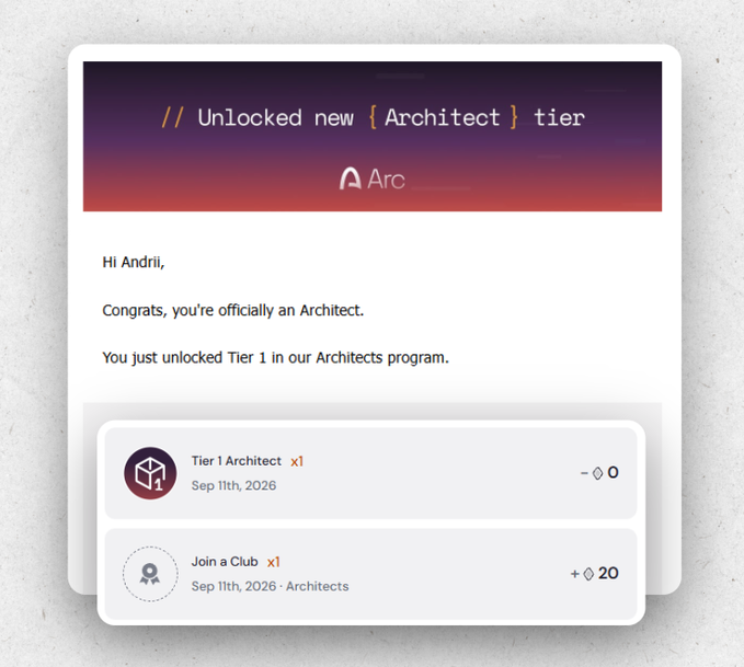 A digital notification from Arc congratulating 'Andrii' on unlocking Tier 1 of their Architects program, awarding a 'Tier 1 Architect' badge and 20 gems for joining a club, dated Sep 11th, 2026.