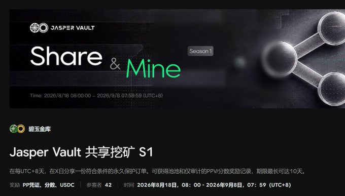 Promotional banner for "Jasper Vault 共享挖矿 S1 (Share & Mine Season 1)" crypto mining event, running from 2026/8/18 08:00:00 to 2026/9/8 07:59:59 (UTC+8) with rewards in PP vouchers and USDC.