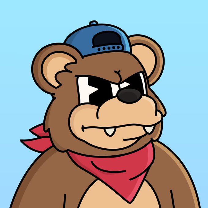 A cartoon illustration of a brown bear wearing a blue backwards cap, black sunglasses, and a red bandana against a light blue background.