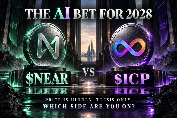 A dramatic promotional banner titled 'THE AI BET FOR 2028' displaying $NEAR versus $ICP cryptocurrency tokens with text reading 'PRICE IS HIDDEN. THESIS ONLY. WHICH SIDE ARE YOU ON?'