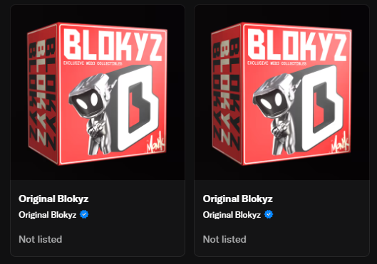 Two 'BLOKYZ' exclusive NFT collectible boxes shown in a marketplace listing, both marked as 'Not listed'.