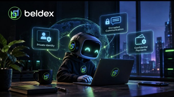 Beldex promotional graphic featuring a hooded figure with a digital face mask at a laptop, surrounded by icons for Private Identity, Encrypted Communication, and Confidential Payments.