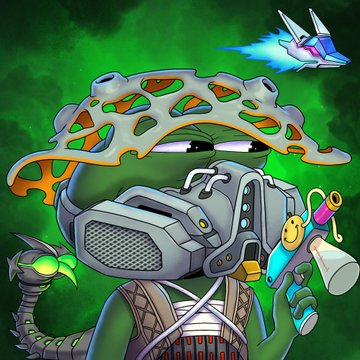 An illustrated fantasy character wearing a porous mushroom-like helmet, gas mask, and holding various gadgets against a green background, with a small blue spaceship flying above.