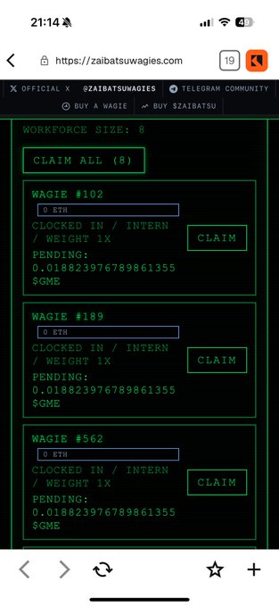 A mobile screenshot of the Zaibatsu Wagies dashboard displaying a workforce of 8 Wagies (#102, #189, #562) with pending $GME rewards of 0.0188239... and claim buttons, aligning with the post's message of earning rewards by clocking in Interns.
