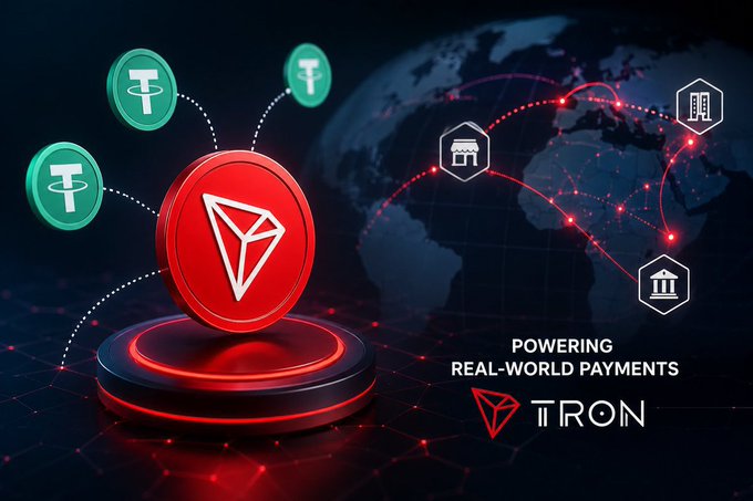 A digital graphic for the cryptocurrency Tron (TRON), showing a red coin with the TRX logo and the tagline 'POWERING REAL-WORLD PAYMENTS' over a world map with USDD and Tether icons.