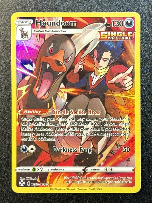 A Houndoom Pokémon trading card (Stage 1, 130 HP) with the ability 'Single Strike Roar' and attack 'Darkness Fang' for 50 damage, featuring artwork of Houndoom alongside a trainer.