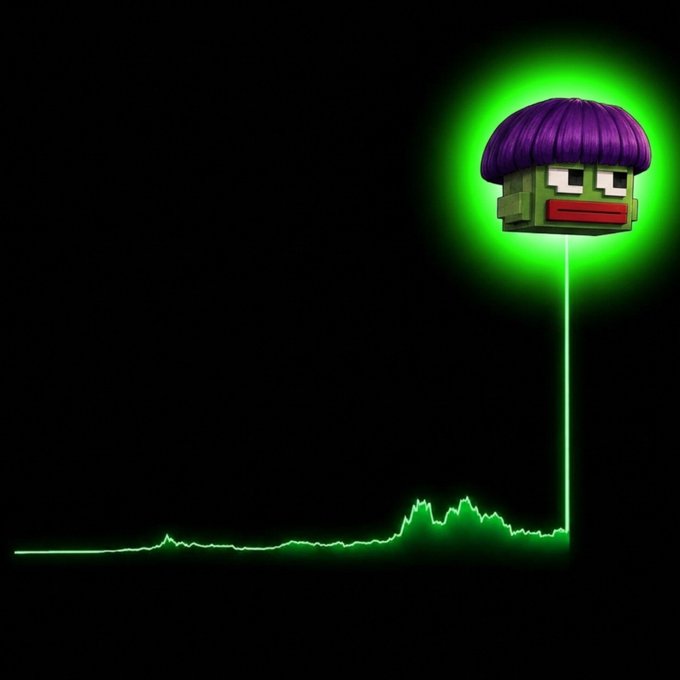 A digital artwork featuring the video game character Mudsmoo (a green face with a purple hairdo) floating above a glowing green line graph or heartbeat-style wave on a black background.