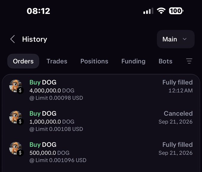 A cryptocurrency trading app history screen shows multiple Buy DOG (Dogecoin) orders, including a fully filled 4,000,000 DOG order at limit 0.00098 USD and a canceled 1,000,000 DOG order from Sep 21, 2026.