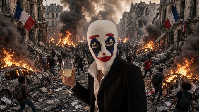 A figure wearing a white mask with red and blue markings and a black suit, holding a glass of white wine, standing in a city street with burning cars, rubble, French flags, and chaos in the background.