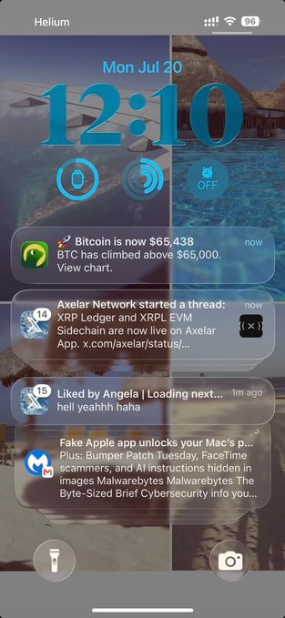 An iPhone lock screen showing the time 12:10 on Mon Jul 20, with various notifications including Bitcoin price alerts, Axelar Network thread updates, and a Mac cybersecurity news alert.
