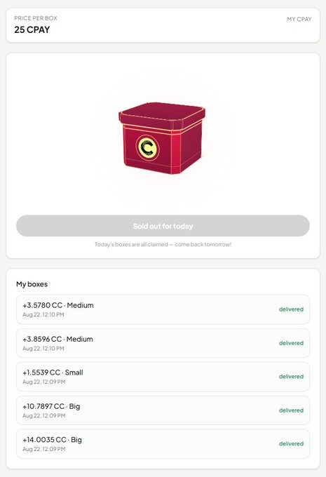 Crypto price-per-box interface showing '25 CPAY' with a 'Sold out for today' message and a history list of previously delivered boxes containing CPAY (CC) rewards ranging from +1.5539 to +14.0035.