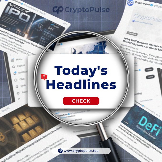 CryptoPulse promotional graphic featuring a magnifying glass over 'Today's Headlines' with a CHECK button, over a background of crypto news articles mentioning SpaceX IPO and DeFi.