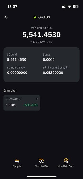 A cryptocurrency wallet screenshot displays a GRASS token balance of 5,541.4530 (≈$5,725.94 USD), showing recent gains of +585.40% on the GRASS/USDT trading pair at a price of 1.0281. The image illustrates the poster's excitement about receiving a substantial GRASS airdrop and contemplates whether to sell and cash out.