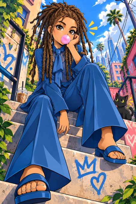 An anime-style illustration of a young woman with long dreadlocks, dressed in a blue outfit and blue sandals, sitting on stairs blowing a pink bubblegum bubble, with a black cat and graffiti in the background.